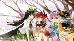 Trees wings dress hats red eyes sitting bows outdoors skirts 