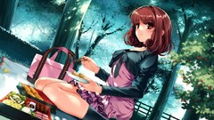 Trees woman food anime girls brunettes misaki kurehito game cg 
