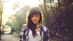 Trees woman looking down brunettes bangs forests portraits 