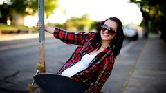 Trees woman roadside sunglasses versus brunettes skateboards
