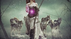 Trees woman Wolves glowing crows amulet redheads fantasy art