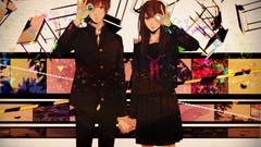 Triangles couple schoolgirls jackets pants skirts long hair 