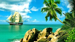 tropical palm trees ship nature clouds Sea rock sailing ship sky