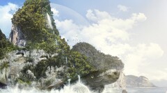turtle Mountains Trees Sea waves digital art science fiction