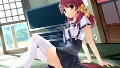 TV red eyes skirts suspenders television blush pink hair 