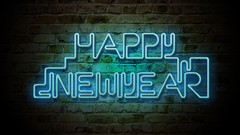 Typography happy new year Neon lights brick wall