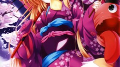 Umbrellas kimono anime girls flower petals animal ears maruchan 