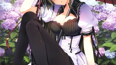 Umbrellas legs stockings anime girls brunettes bra boobs visual 