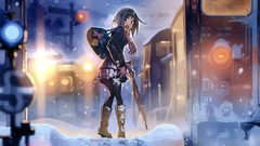 Umbrellas stockings skirts scarfs anime girls brunettes school 