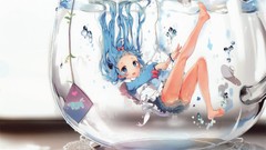 Underwater blue hair long hair barefoot anime girls blue eyes 