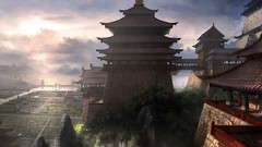 Wall clouds pagoda Asia Castles sunlight skies fantasy art