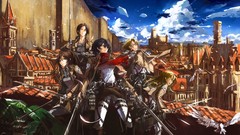 Wall clouds weapons Birds feathers Anime Swords buildings 