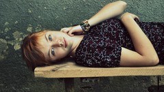 Wall woman bench smiling redheads Leaning teen