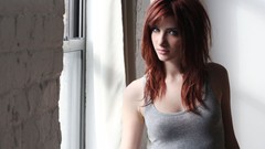 Wall woman blue eyes susan coffey redheads window panes gray 