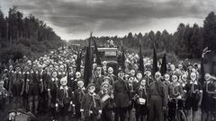 War Boys! Shorts monochrome outdoors gas masks refugees 