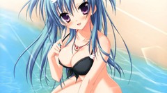 Water Anime blue hair anime girls purple eyes cleavage bikini 