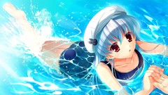 Water Anime hats red eyes long hair gray hair suika game cg 