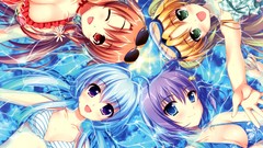 Water Anime red eyes sunglasses blondes blue hair long hair 