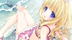 Water Beaches blondes long hair anime girls blue eyes open 