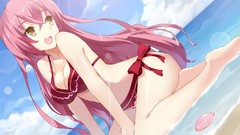 Water Beaches pink hair long hair anime girls yellow eyes open 