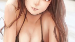 Water Beaches smiling long hair anime girls brown eyes 