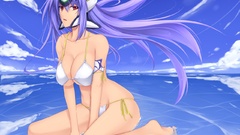 Water blue clouds wind red eyes helmets long hair purple hair 