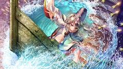 Water Boats hats water drops buildings long hair gray eyes 