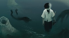 Water boy empty masks drowning artwork white shirt