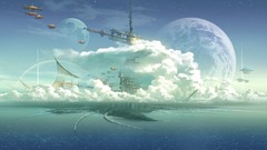 Water clouds Aircraft Anime planets futuristic Technoheart