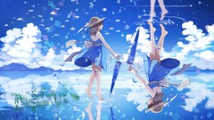 Water clouds Aircraft fish dress Umbrellas reflections water 