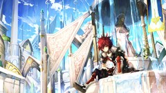 Water clouds armor red eyes gloves blush long hair anime girls 