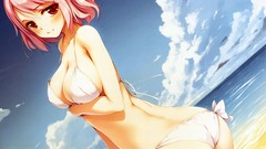 Water clouds ass red eyes Beaches outdoors pink hair anime 