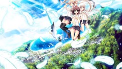 Water clouds Birds feathers white hair Ribbons blondes long 