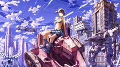 Water clouds Birds Skyscrapers Robots keys ruins navel sitting 