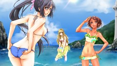 Water clouds blondes anime girls green eyes brunettes short 