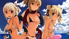 Water clouds ocean gloves Beaches blondes anime girls blue eyes 