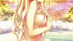 Water clouds red eyes blondes anime girls towels nekomimi 
