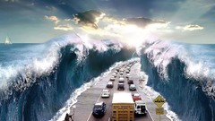 Water clouds ships signs cars tsunami roads vehicles skyscapes 