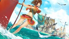 Water clouds sky brown navel blue eyes short hair braids 