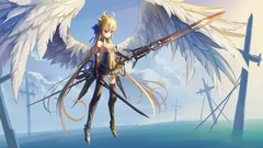 Water clouds weapons wings gloves looking down Swords stockings 