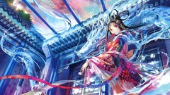 Water clouds woman Dragons Anime dress fangs horns Jewelry red 