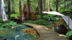 Water deer elves waterfalls houses elfs