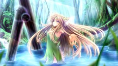 Water dress blondes long hair anime girls blue eyes forests 