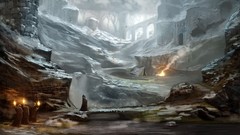 Water fire Mountains ruins Bridges rocks torchlight fantasy art 