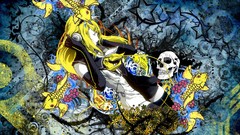 Water fish headphones skulls blondes long hair closed eyes 