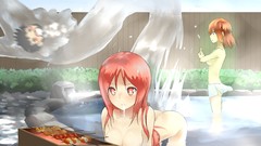 Water food bath red eyes long hair anime girls towels redheads 