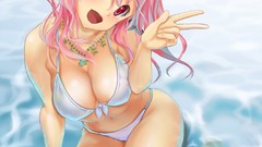 Water headphones red eyes sitting pink hair smiling anime girls 