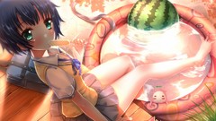 Water ice cream watermelons skirts blue hair anime girls green 