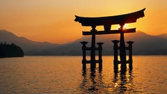 Water Japan silhouettes sunlight itsukushima shrine floating 
