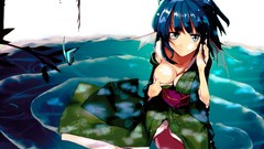 Water mermaid kimono blue hair touhou cleavage boobs Japanese 